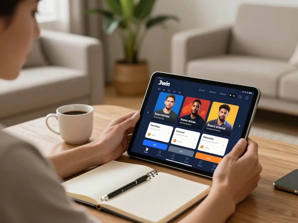 Player using 3win actor app on tablet in cozy home setting, engaging with online gambling