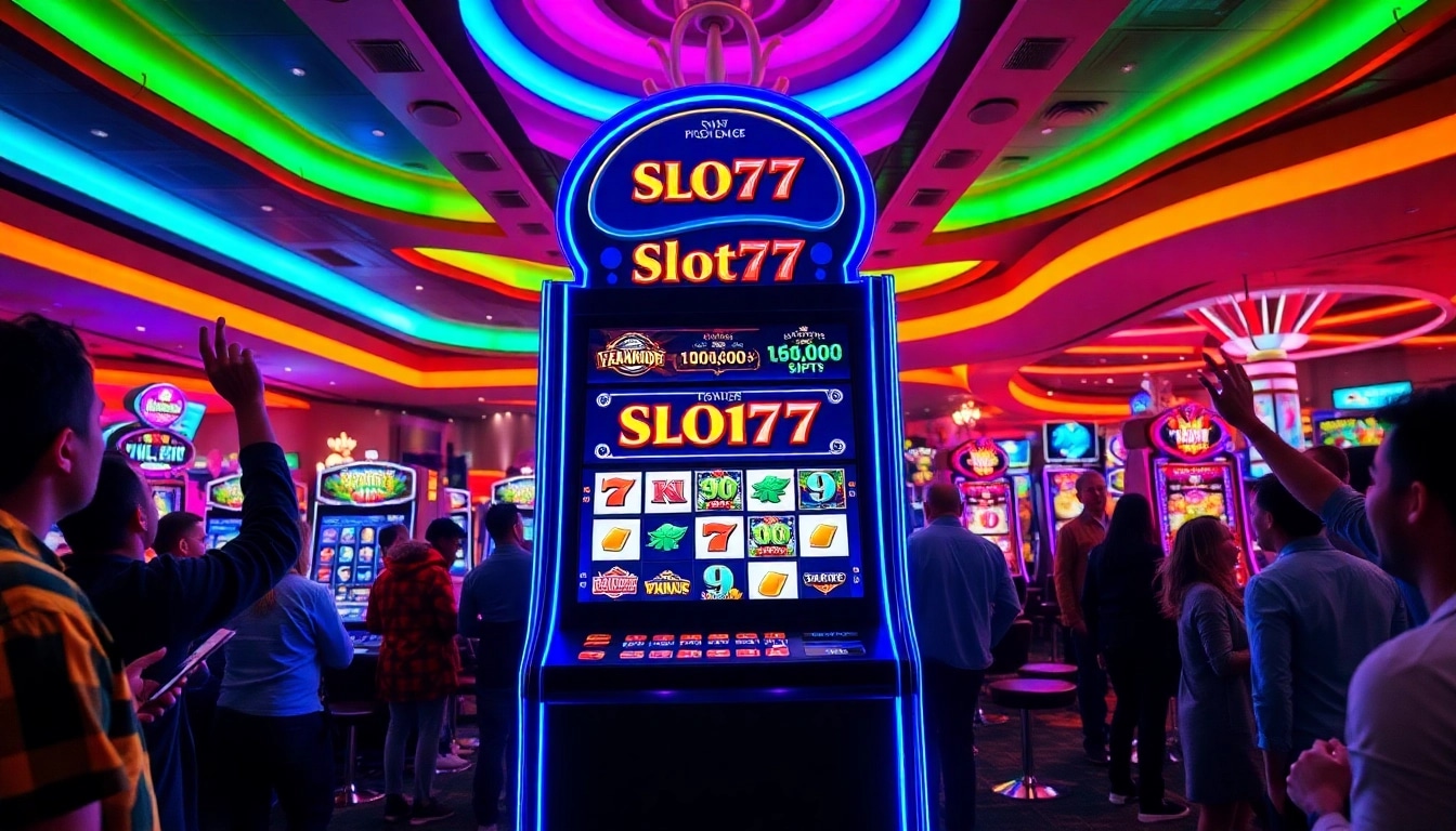 Menang di Slot77 dengan mesin slot berwarna cerah dan pemain bahagia di kasino.
