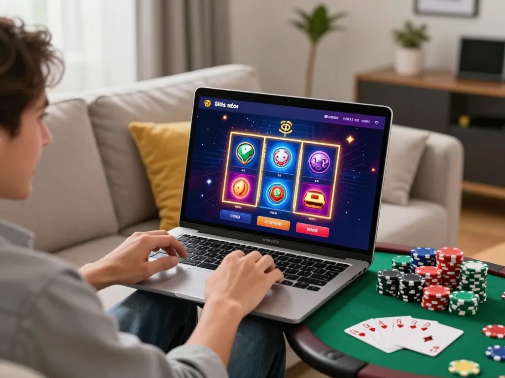 Dalam suasana permainan digital yang menarik menampilkan situs slot gacor di laptop dengan ikon mesin slot yang cerah.