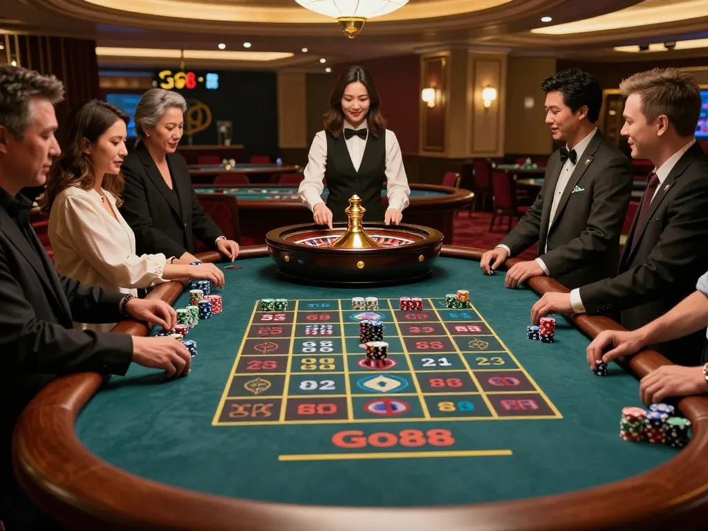 Trải nghiệm cảm giác hồi hộp của roulette tại sòng bạc trực tuyến hàng đầu Go88 với những người chơi tham gia và bầu không khí sống động.