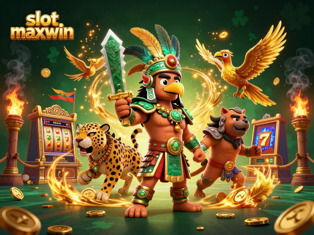 Experience the thrill of slot maxwin with vibrant Aztec warriors and dynamic gaming elements.