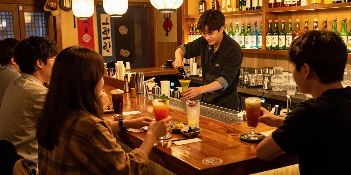 Social gathering at 상봉동 한국관나이트 bar with warm lighting and drinks on a polished wooden table.