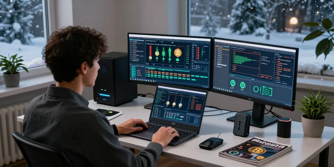 Automated bitcoin mining workspace showcasing cryptocurrency analytics on multiple monitors, highlighting mining performance data and secure wallet.
