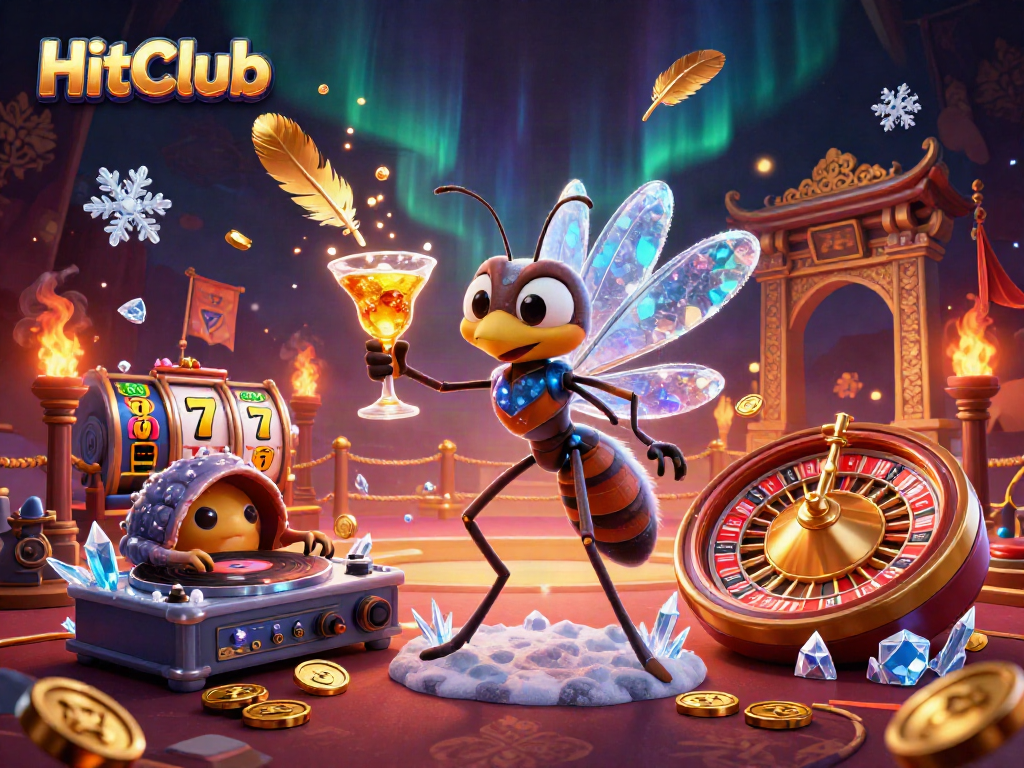 HitClub's vibrant casino scene features a frozen mosquito mascot, trilobite DJ, and a roulette wheel.