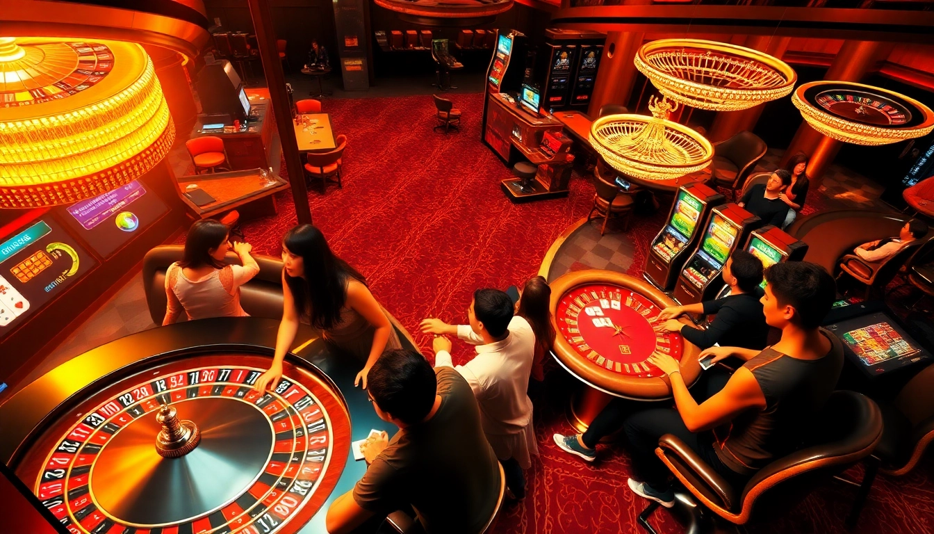 Vivez le frisson du casino en ligne français avec des joueurs aux tables de poker et aux machines à sous dans un cadre numérique luxueux.