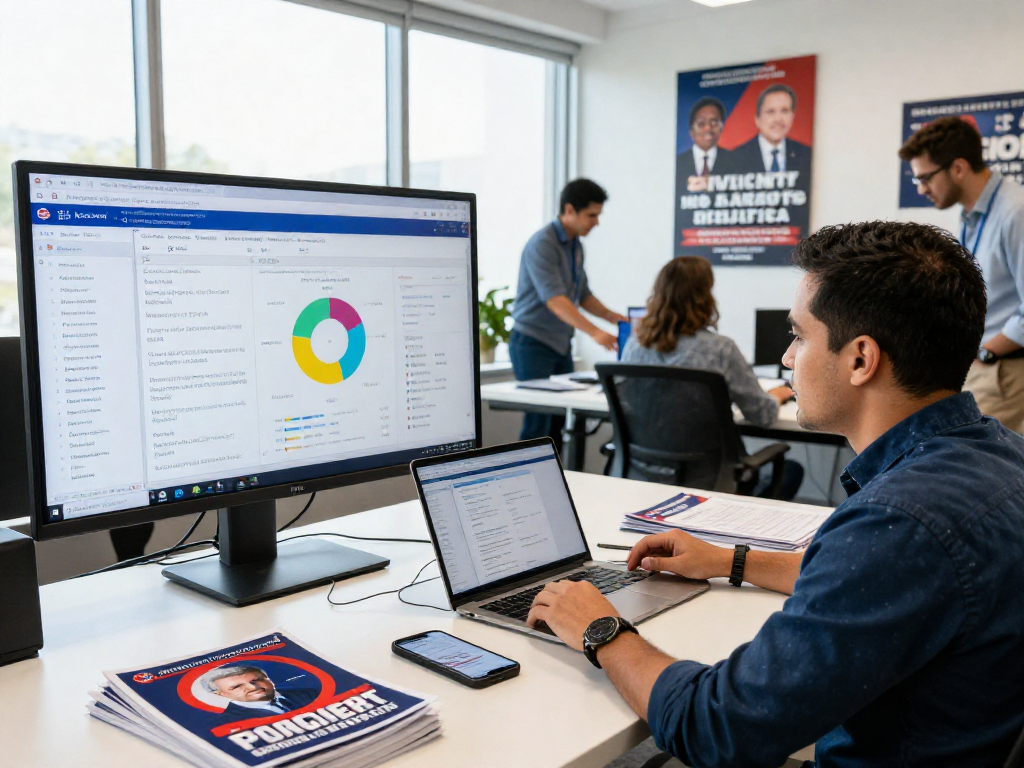 Political email list building strategy session with data analysis in a modern office.