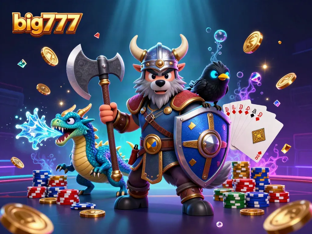 big777 players winning with Viking-themed casino slots and playful dragon in a vibrant scene