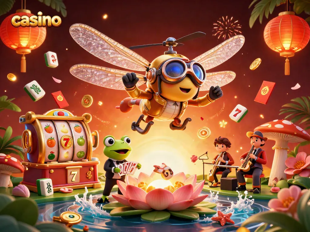 Catching exciting moments at a vibrant casino scene with dragonfly pilot and frog dealer amid colorful game elements