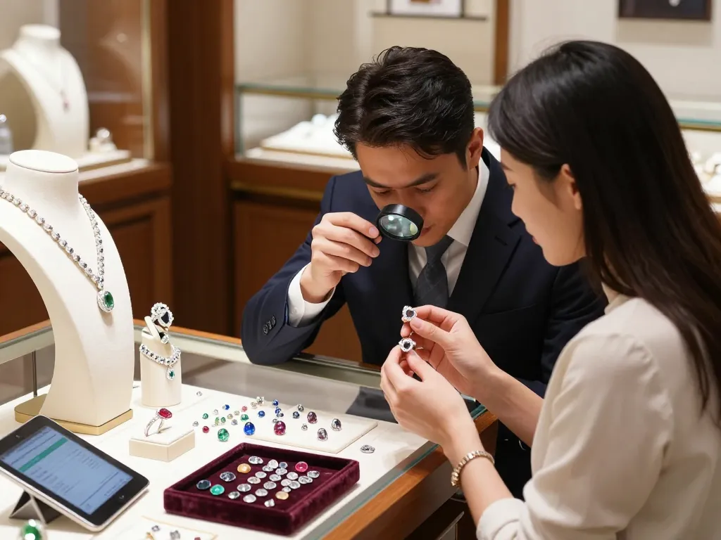 Jeweler explaining how much is yours worth? while showcasing exquisite gemstones in a luxurious store.