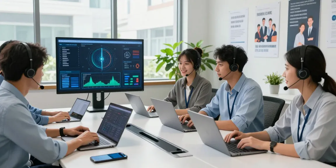 IT helpdesk services London team collaborating in a modern office, troubleshooting devices and analyzing performance metrics.