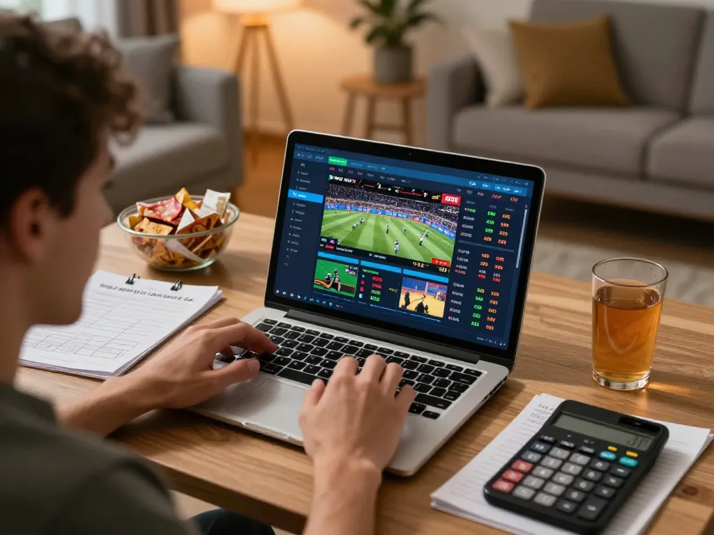 FAFA 828 user experiencing sports betting excitement at home with laptop and snacks.