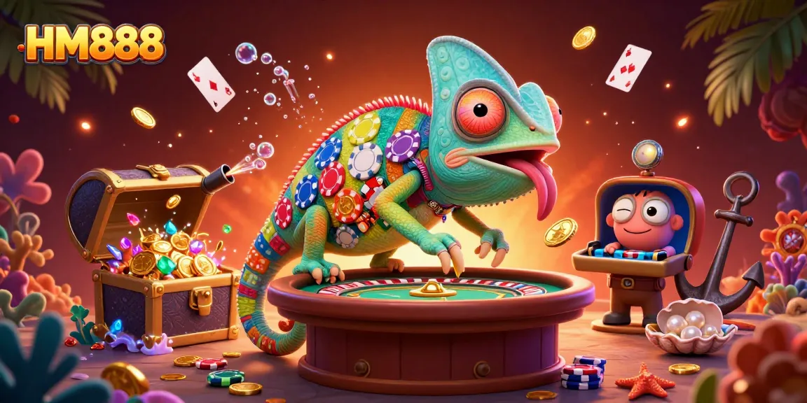 Engage with HM888's vibrant 3D illustration showcasing dynamic casino elements and a chameleon owner.