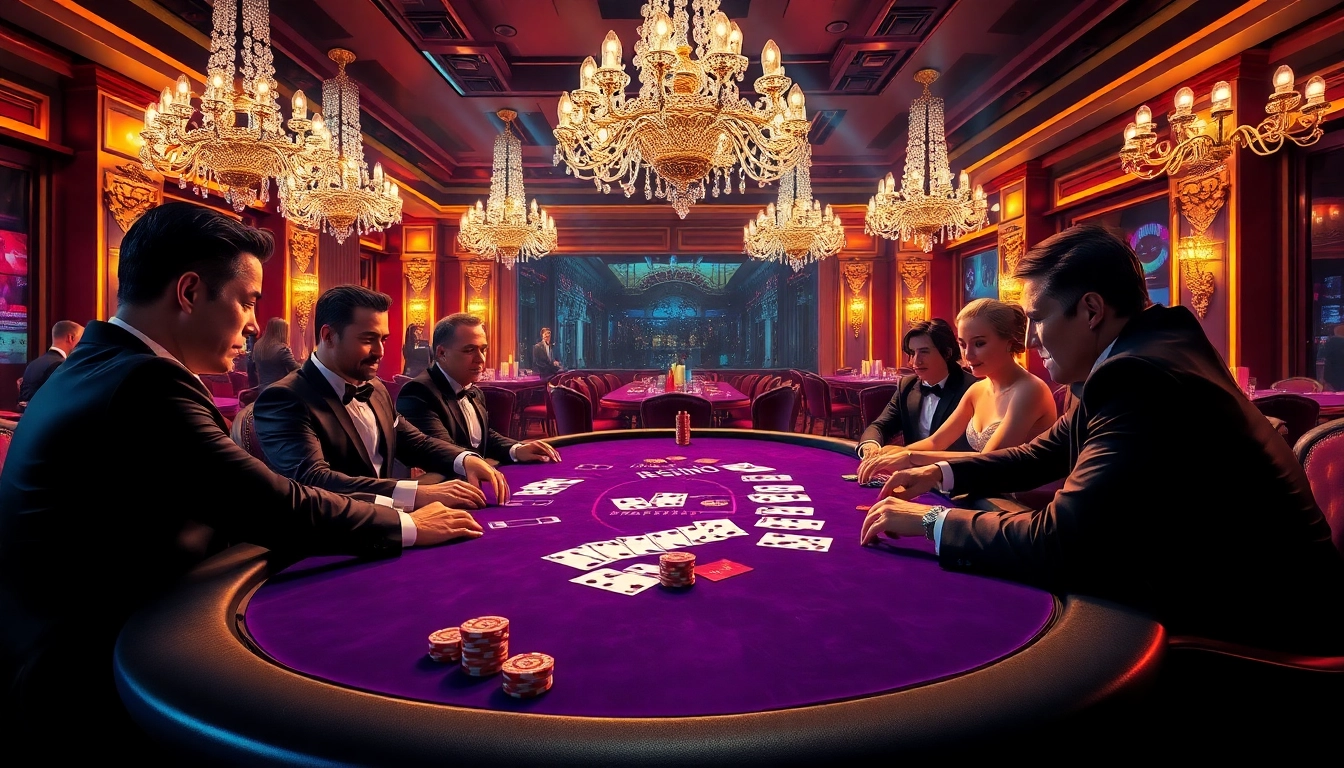 Compétition de poker intense dans un casino en ligne français luxueux avec des joueurs élégants et un éclairage vibrant.