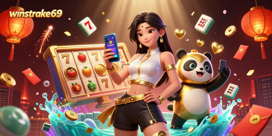 Experience winstrike69 with a captivating casino scene featuring a woman and a panda mascot.