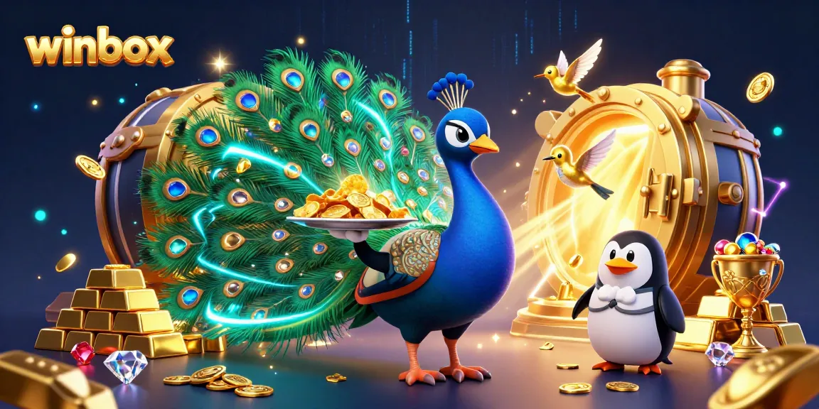 Winbox showcases a lavish scene with a peacock, butler penguin, and golden hummingbird surrounded by treasure and casino elements.
