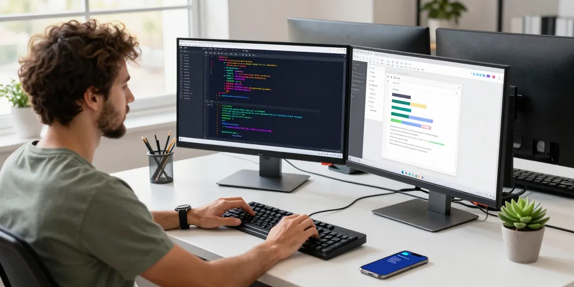 Efficient workspace with modern dual monitors highlighting the features of 截图工具下载 for software development.