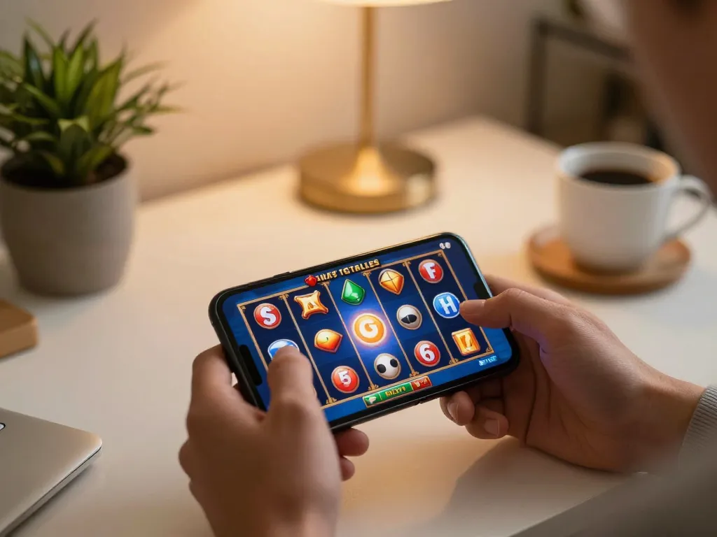 Engaging mobile gaming experience on f8beta2 with a player spinning vibrant slot symbols on a smartphone.