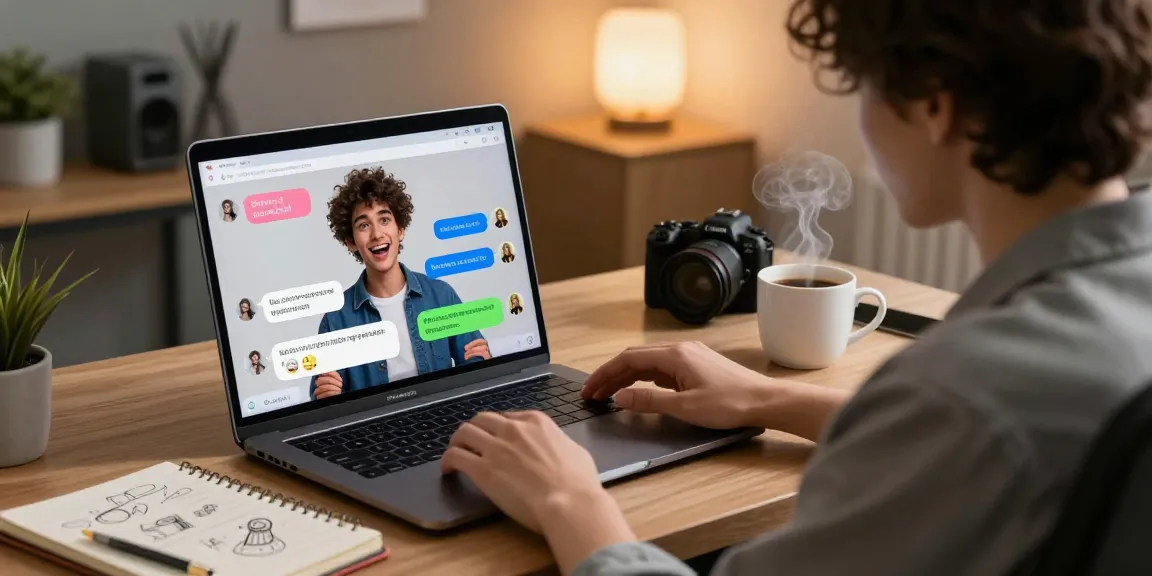 Interactive AI nsfw chat featuring a dynamic digital character and engaging user in cozy home office setting.