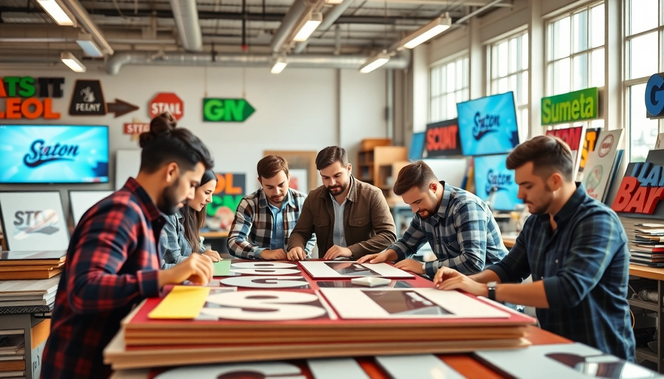 Edmonton sign company team designing diverse signage solutions in a vibrant workshop.
