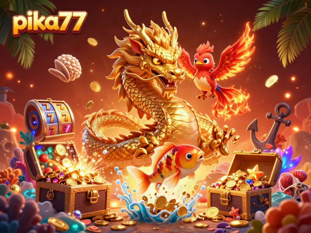 Experience thrilling wins with pika77 as a golden dragon, phoenix, and koi fish unite in a vibrant casino adventure.