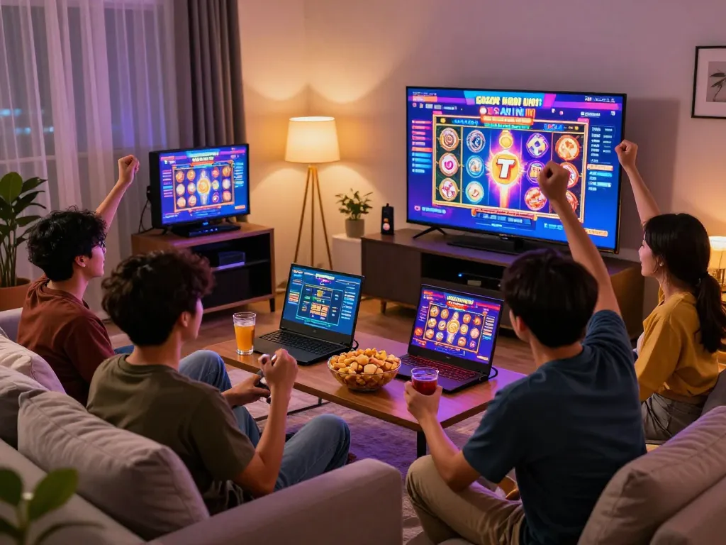 Teman-teman menikmati sesi permainan slot gacor hari ini secara online di ruang tamu yang cerah.