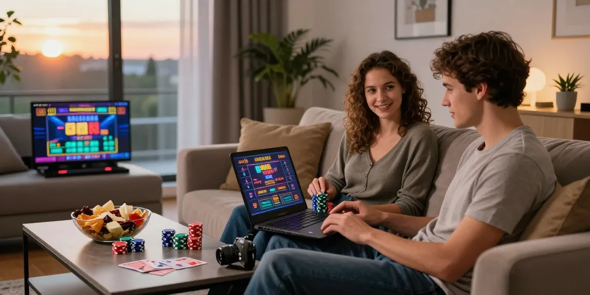 Engaging scene with a couple exploring non UK casinos online in a cozy living room.