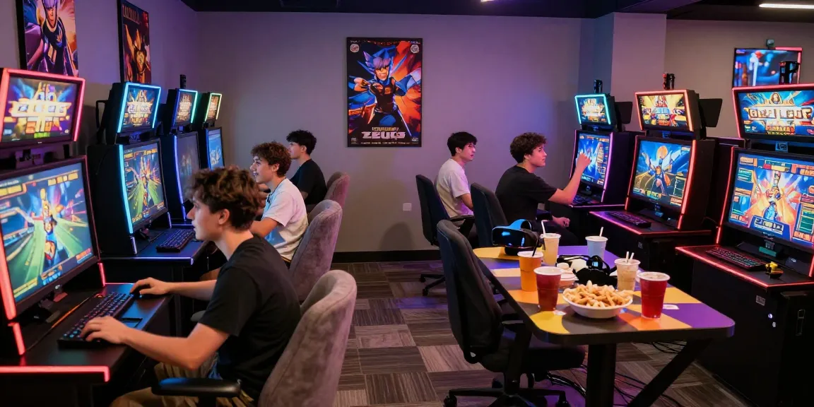 Players enjoying the thrill of zeus slot in a lively gaming room, vibrant LED lights and snacks