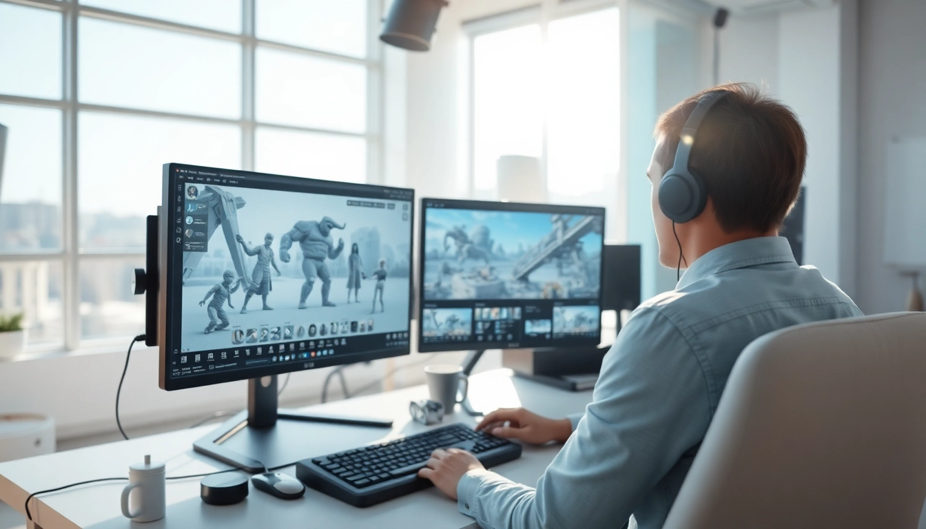 3D Animation creation in a modern studio with detailed computer displays and an energetic atmosphere.