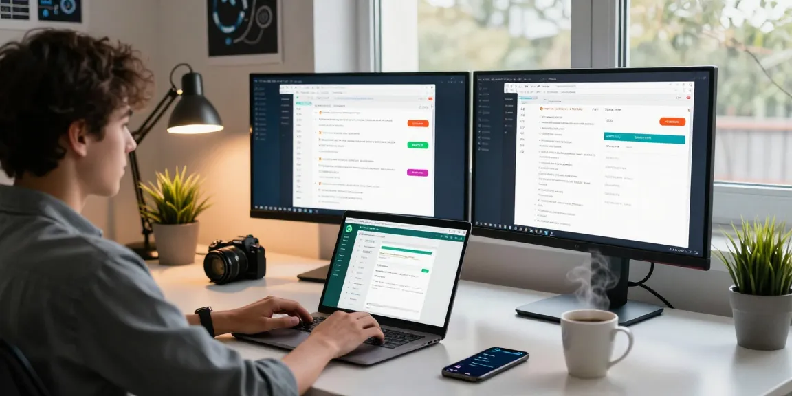 WhatsApp電腦版 interface displayed on a laptop in a modern workspace with dual monitors and coffee