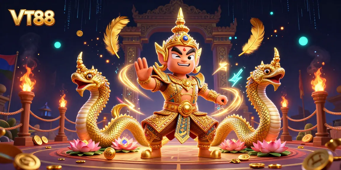 Experience the thrill of VT88 as the yaksha guardian embraces the casino realm, enhanced by vibrant game elements.