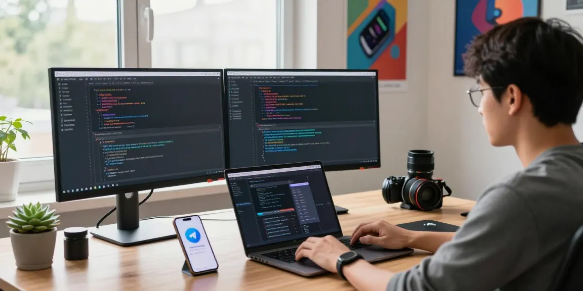 Developer coding Telegram中文 settings in a modern tech workspace with dual monitors and smartphone notifications.