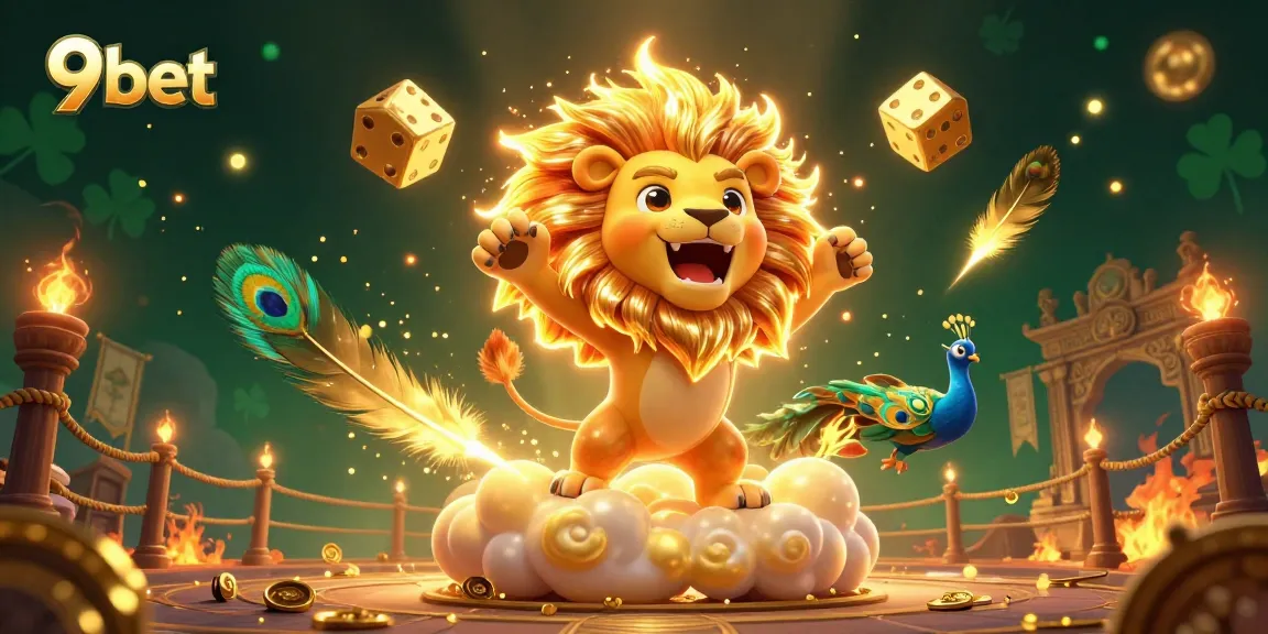 9bet showcases thrilling gaming excitement with a roaring golden lion surrounded by dynamic casino elements.