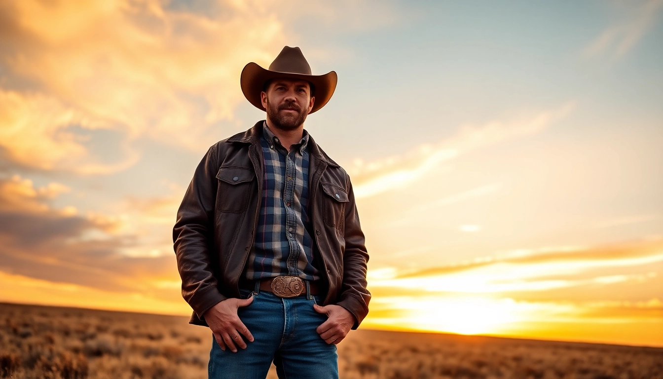 A cowboy modeling fashionable western wear Canada in a scenic prairie setting with a sunset backdrop.