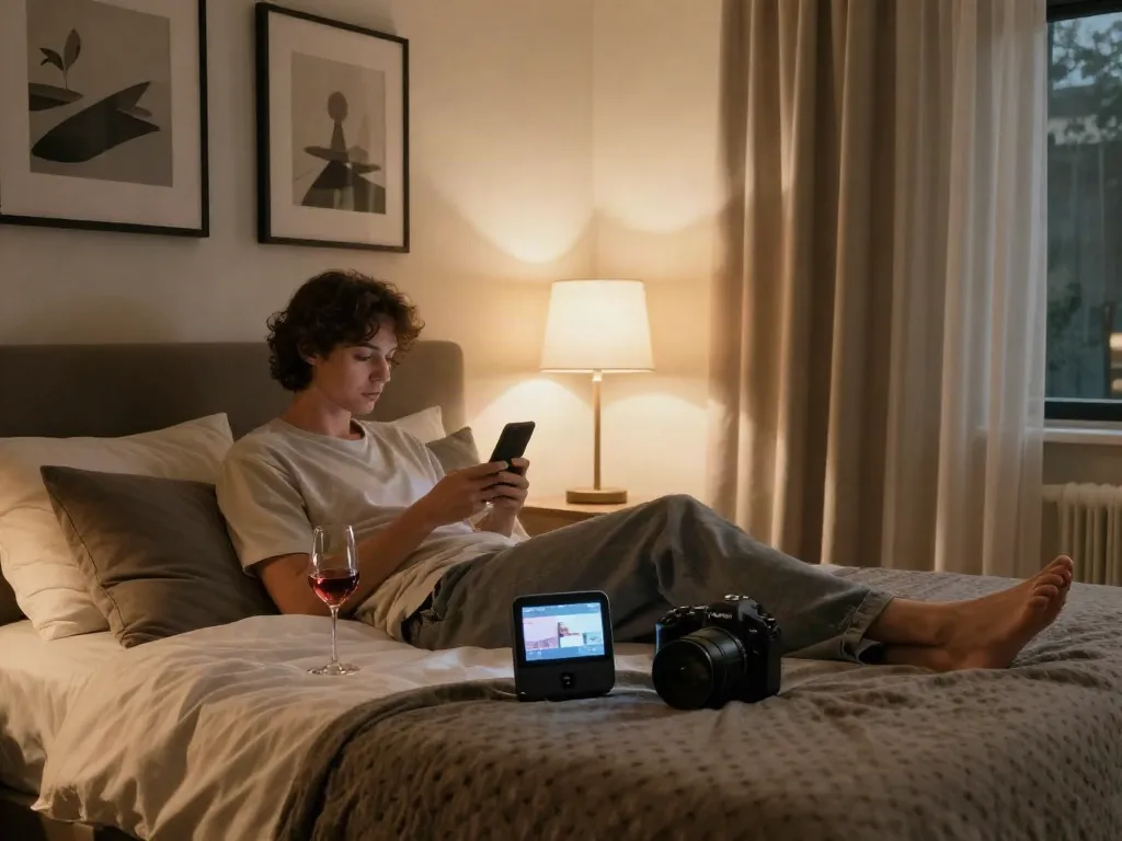 Stepsis porn scene featuring an intimate couple in a stylish bedroom, warm glow, tasteful decor.