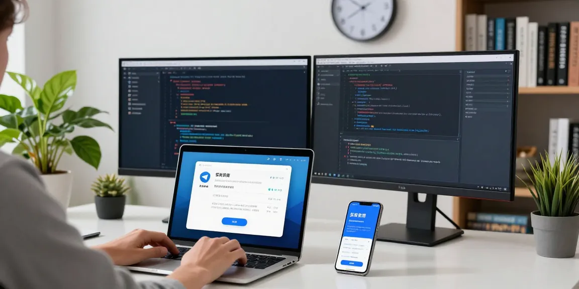 Setting up Telegram中文 interface in a modern tech workspace, highlighting user interaction and productivity.