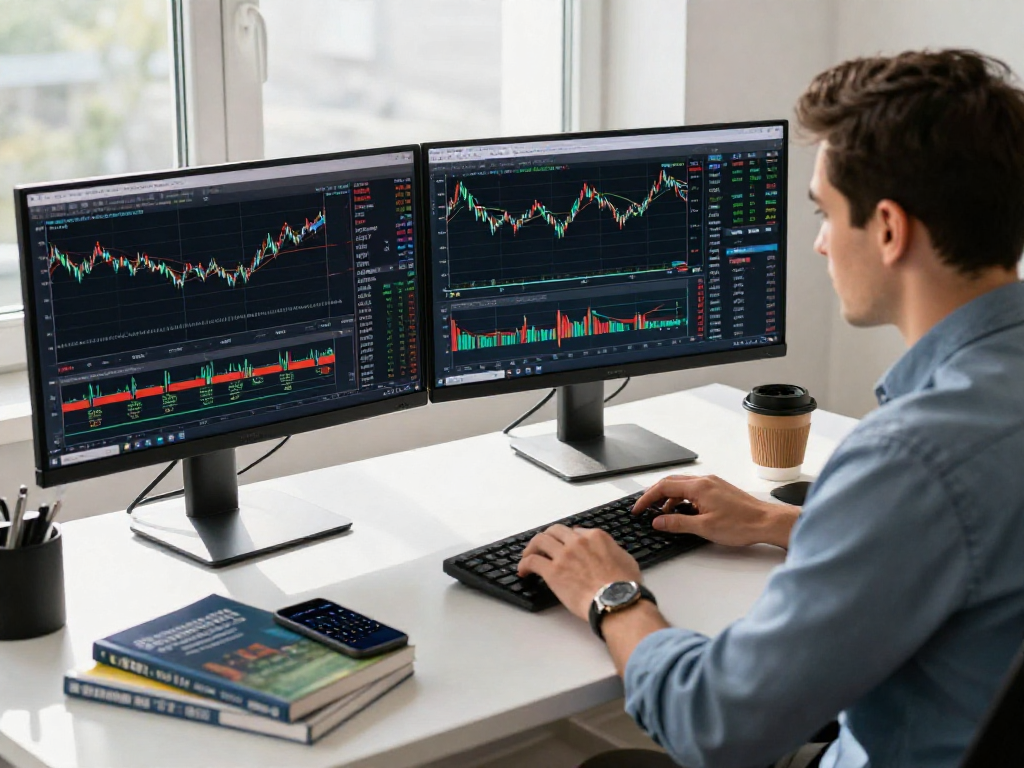 Trader using metatrader 5 with multiple monitors and market charts in a professional setting.