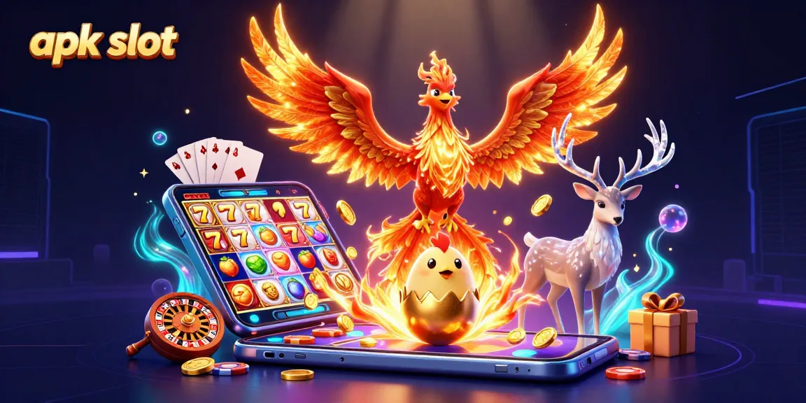 Menangkan jackpot dengan permainan apk slot, dikelilingi oleh simbol uang dan kreativitas kasino.
