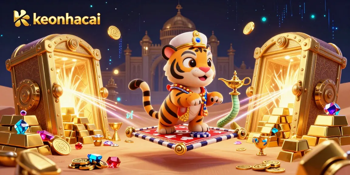 Engage with the colorful keonhacai gambling scene featuring a tiger sultan on poker chips amidst gold and jewels.