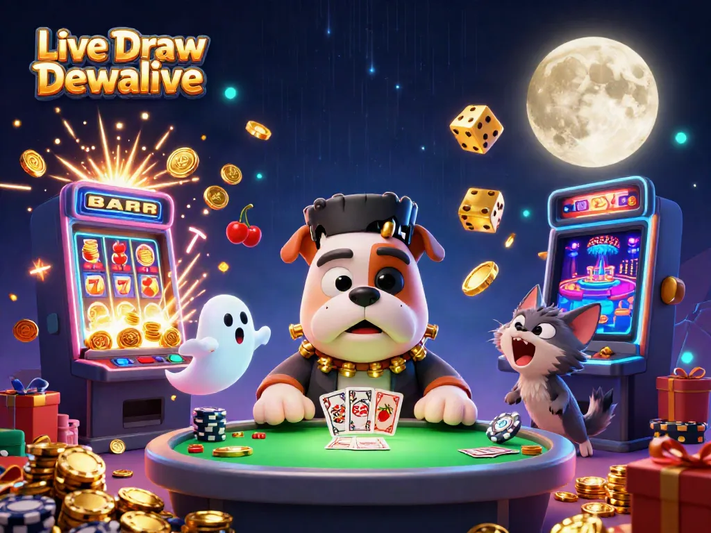 Experience the excitement with Live Draw Dewalive featuring a Frankenstein bulldog monster at a lively casino scene.