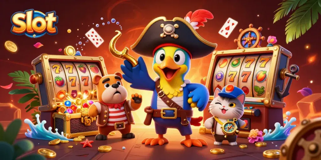 Mengguncang slot untuk memenangkan jackpot dengan simbol buah dan emas mengelilingi karakter kartun 3D yang dinamis.