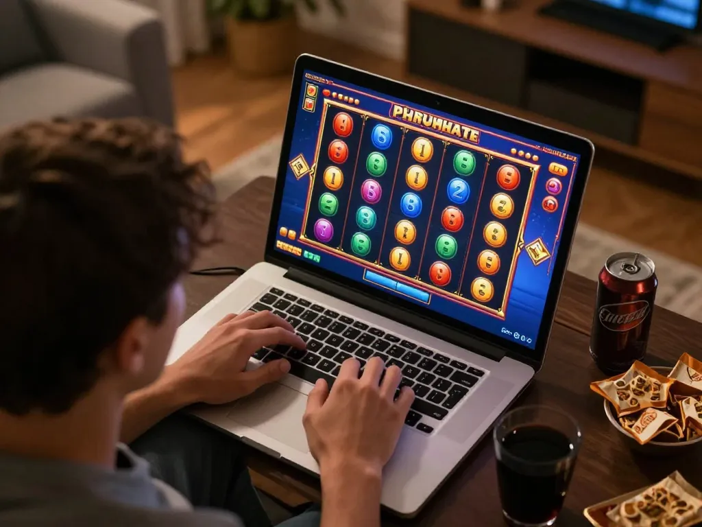 Player enjoying an exciting slot thailand game on a laptop, with colorful graphics and cozy home setup.