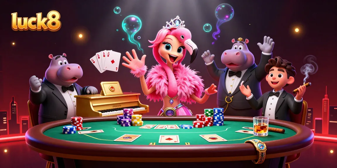Immerse in luck8’s vibrant casino scene with a lively flamingo singer and a hippo bassist.