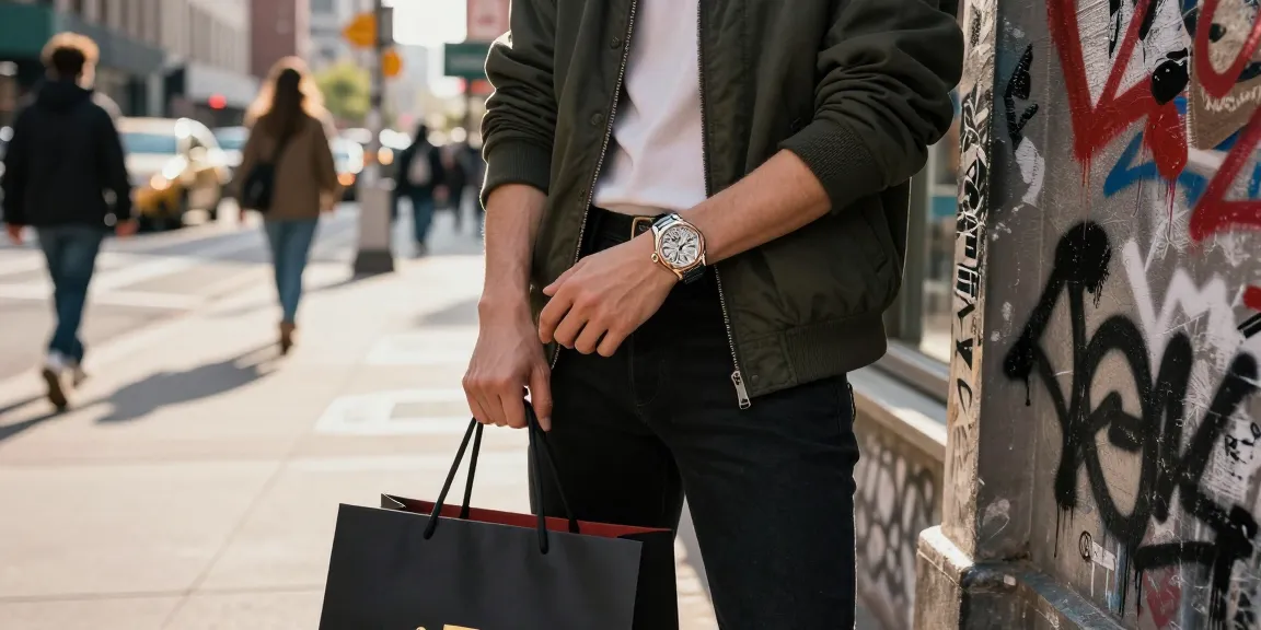 Fashionable individual showcasing a luxurious replica watch in an urban street setting, emphasizing style and elegance.