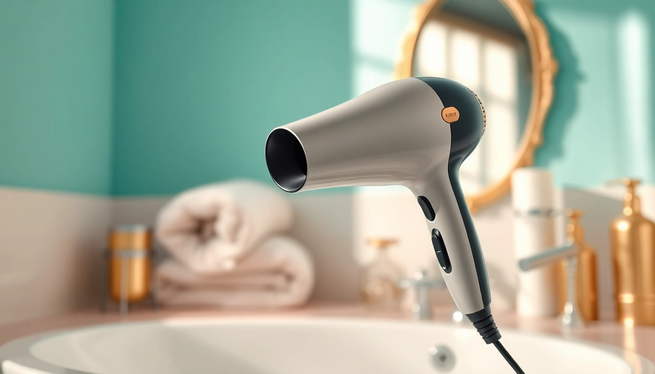 Enhance your style with a hair dryer for fine hair, showcasing its sleek design in a stylish bathroom.