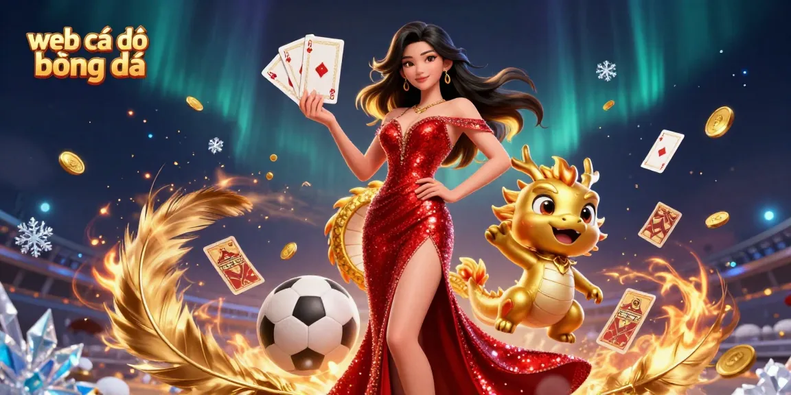 Experience lively action on a web cá độ bóng đá scene with a confident Asian woman and a golden dragon mascot.