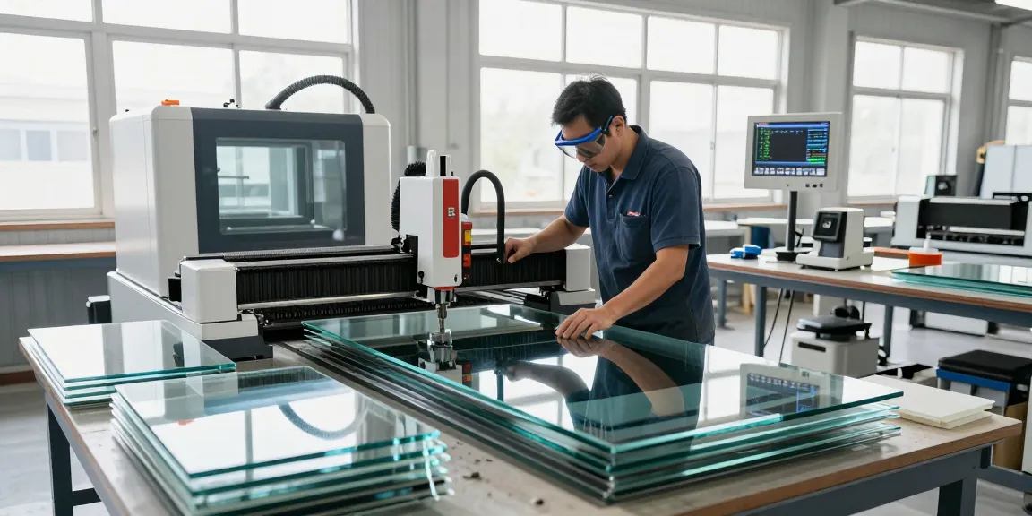 Cutting machine glass in action operated by technician in modern workshop.