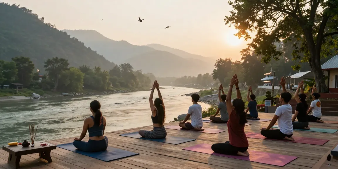 Best Yoga teacher training course in Rishikesh, diverse group practicing yoga at sunrise by the Ganges River.