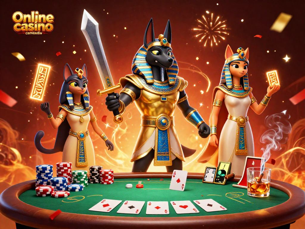 Experience the excitement of Online casino cambodia with Anubis and Bastet at a vibrant poker table.