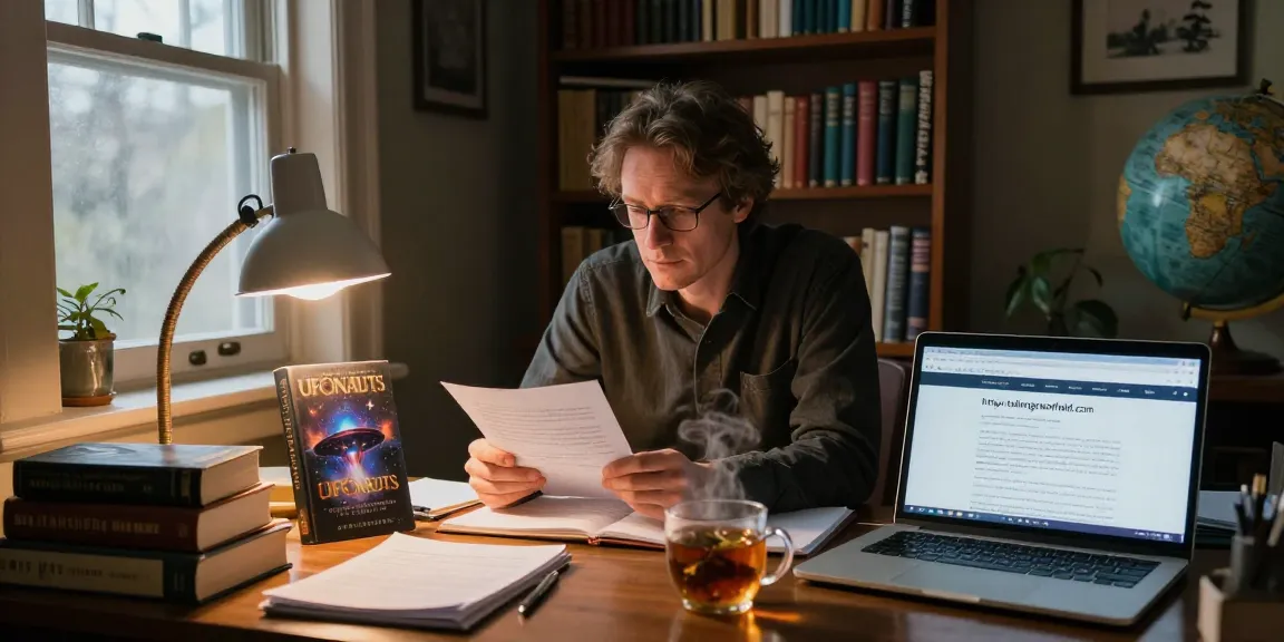 Writer T Allen Greenfield in a cozy library, working on UFOnauts and showcasing https://tallengreenfield.com.