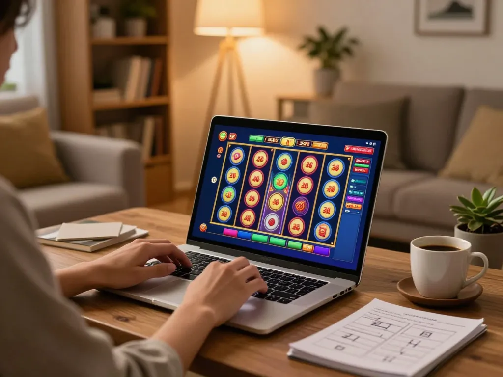 Engaging scene of a player exploring slot toto online games from a cozy home setup.